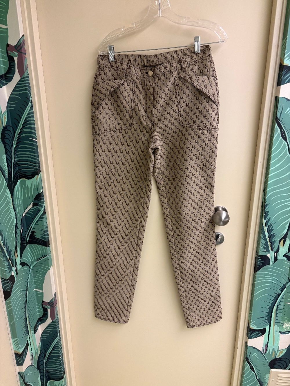 Bottega Veneta tan, brown logo straight leg pants.